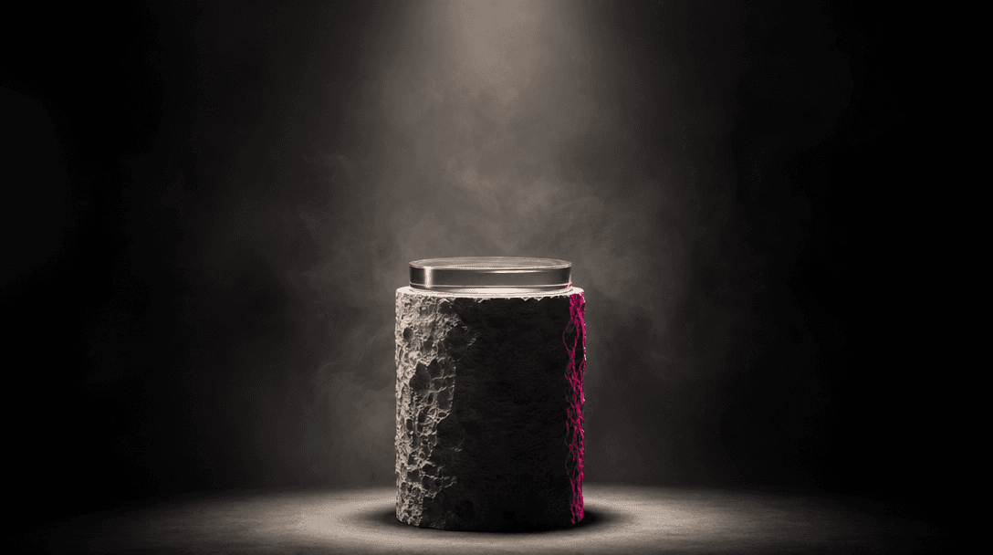 A single sculptural pedestal isolated by a precise cone of diffused studio light, surrounded by deep shadow and faint at