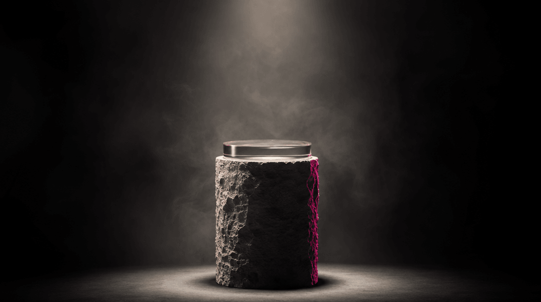 A single sculptural pedestal isolated by a precise cone of diffused studio light, surrounded by deep shadow and faint at