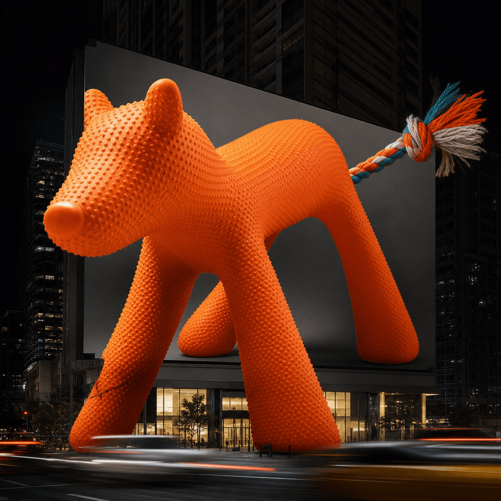 A brightly colored designer dog toy enlarged across a monumental city billboard, the toy extending beyond the screen fra