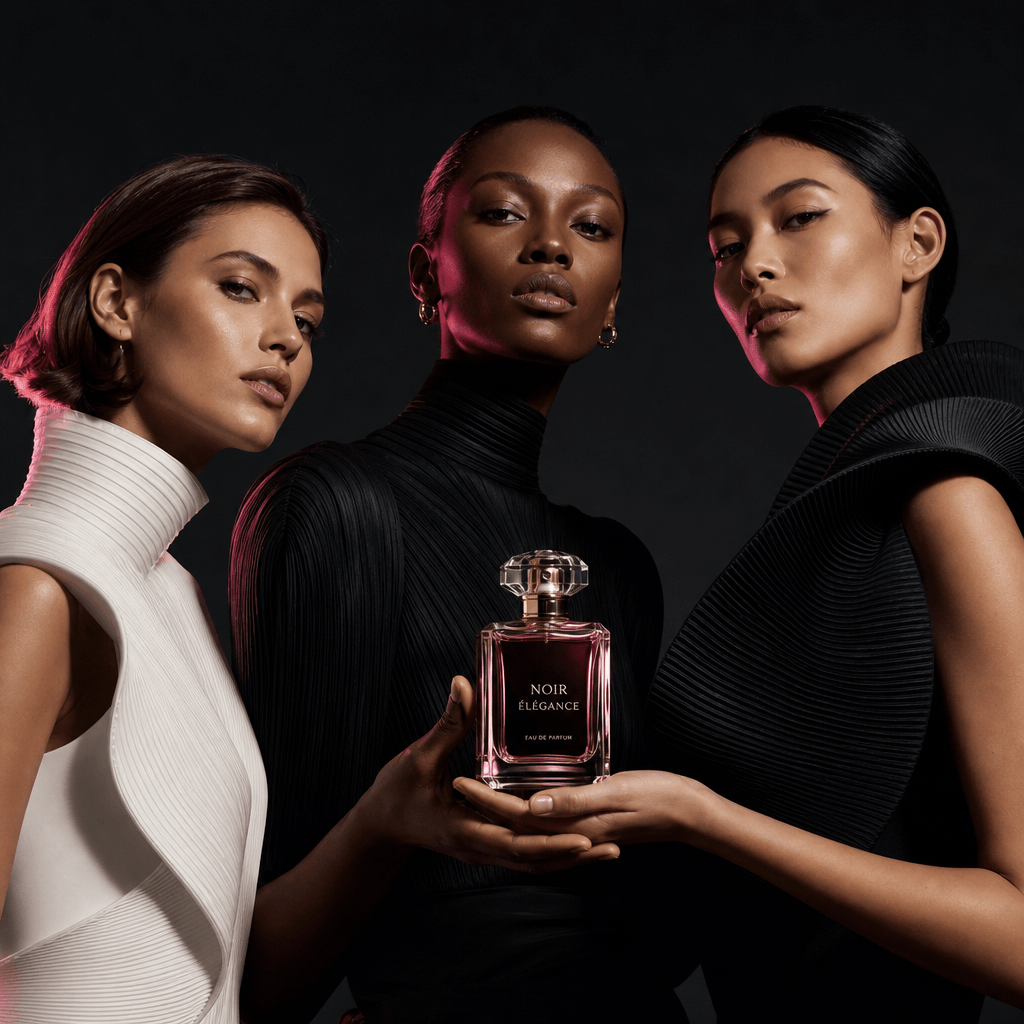 Three adult women in sculptural monochrome outfits presenting a luxury fragrance bottle against a deep charcoal studio b