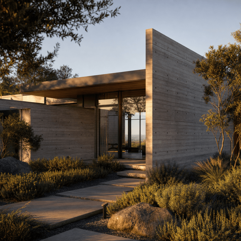 Photorealistic architectural render of a contemporary minimalist house exterior. Board-formed concrete walls, floor-to-c