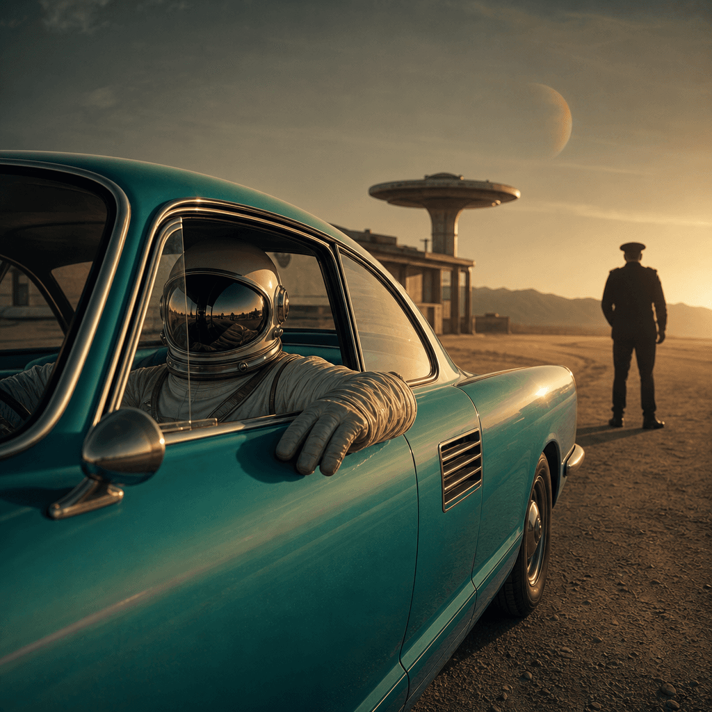 An original retro-futurist astronaut calmly seated in a turquoise classic coupe during a fictional desert roadside stop.