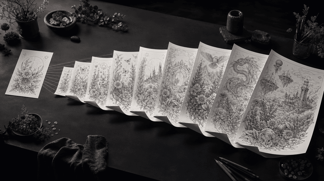 A long dark studio worktable with a growing sequence of coordinated black-and-white coloring pages spreading outward fro