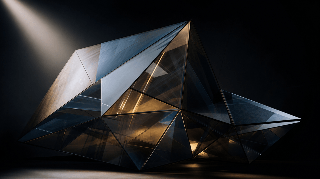 High-end professional studio lighting setup illuminating a geometric crystalline architectural form. Sharp contrast, dee