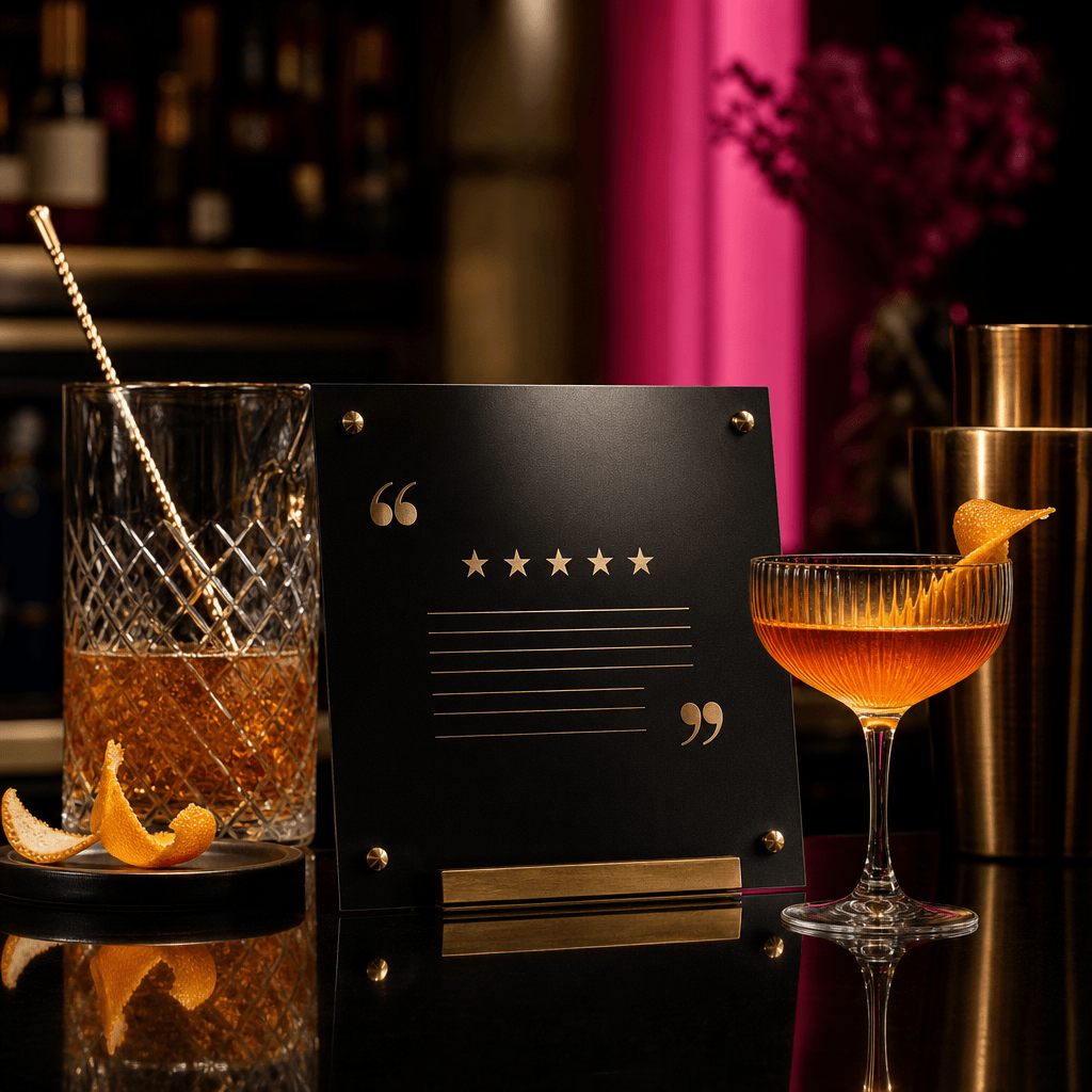 A modern cocktail bar testimonial composition featuring a premium review card, sculptural glassware, citrus peel, brushe