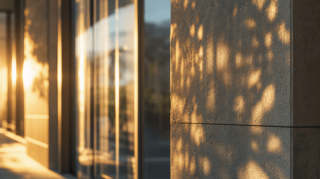 Abstract play of light rays and soft reflections on architectural surfaces. Golden hour cinematography, shallow depth of