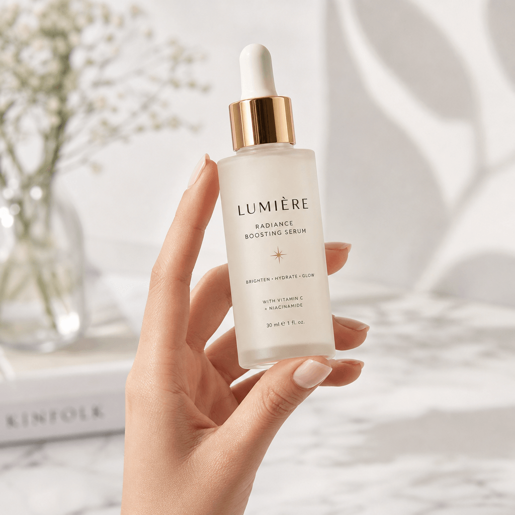 Generate an image of a beauty product in hand, with a bright and airy studio setting. The hand should be elegantly posit