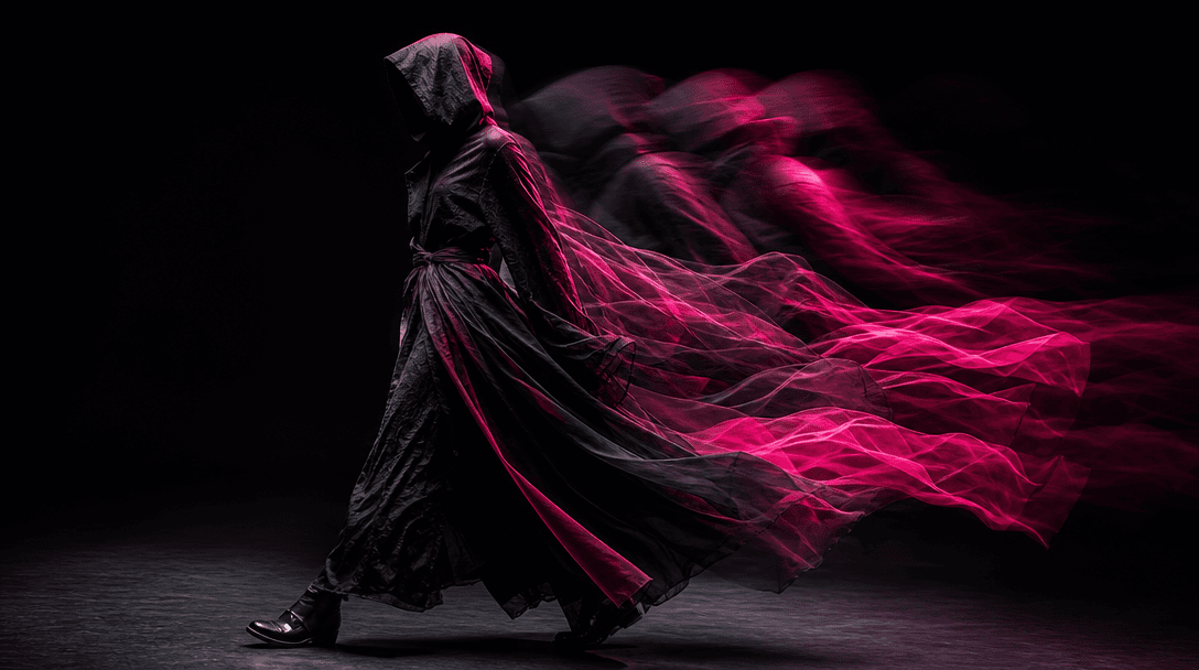 A single fashion photograph appearing to transition from stillness into motion through layered fabric trails and precise