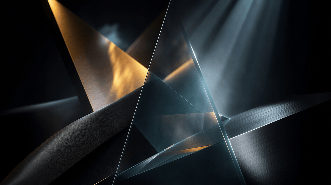 Abstract multi-material composition: layered geometric forms — polished glass, matte fabric, brushed metal — intersectin
