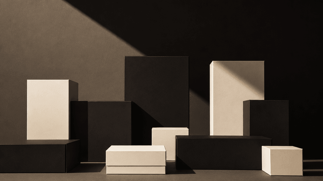 Abstract arrangement of matte black and off-white brand packaging boxes — varying heights — against deep dark background