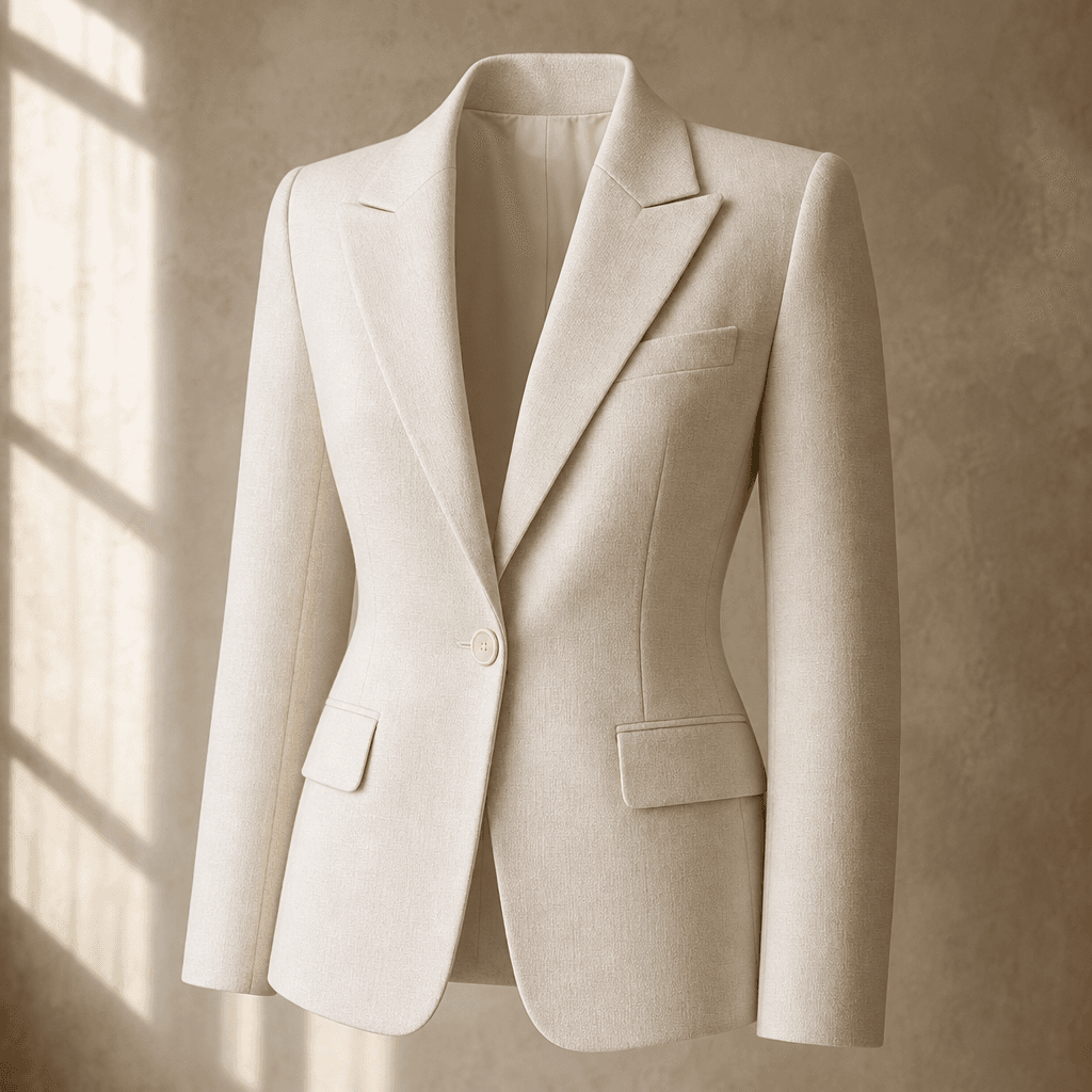 A tailored cream blazer displayed on an invisible form against a warm neutral textured background, soft diffused window
