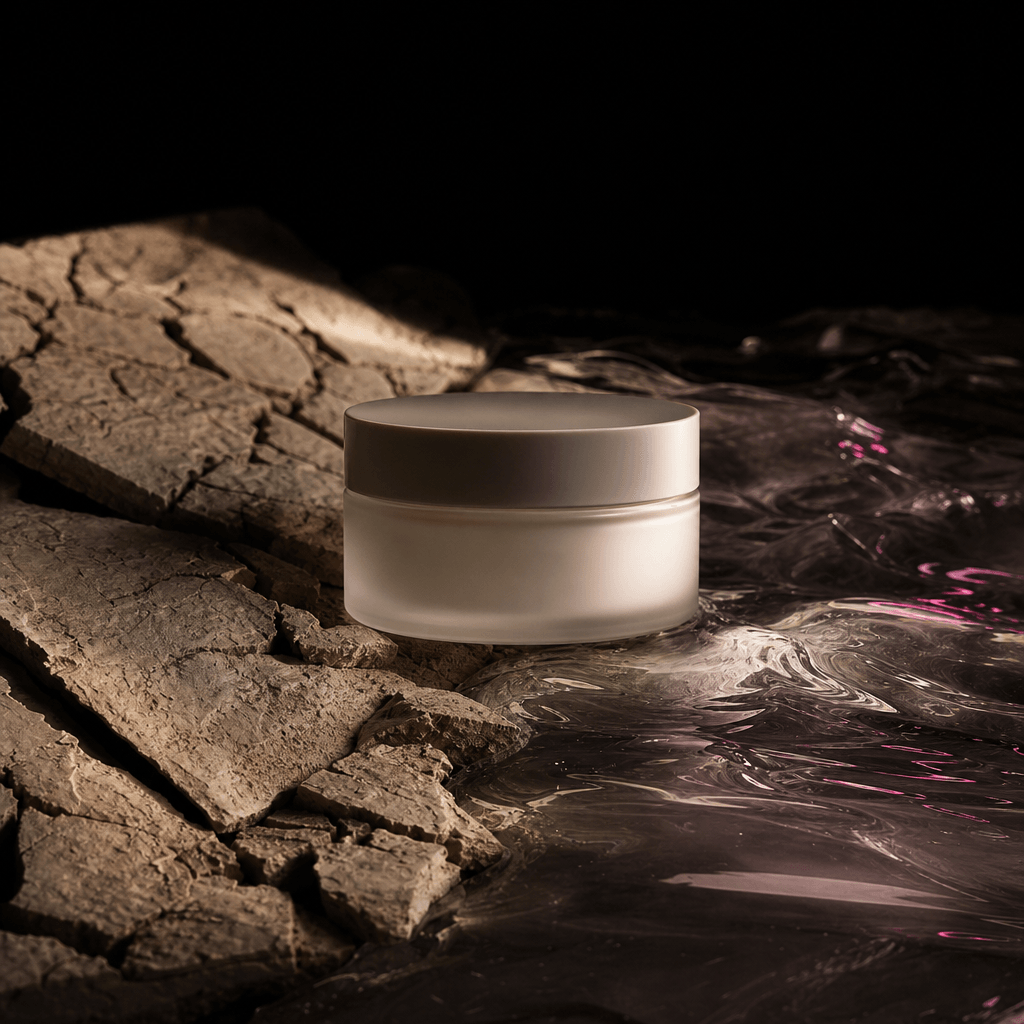 An unbranded facial moisturizer jar positioned between a dry fragmented mineral texture and a hydrated translucent gel s
