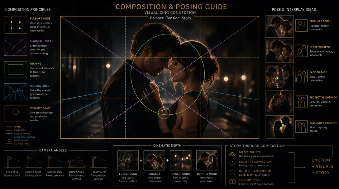 Composition and posing guide visualization. Geometric framing lines suggesting couple positions and interplay. Cinematic