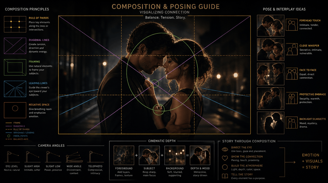 Composition and posing guide visualization. Geometric framing lines suggesting couple positions and interplay. Cinematic