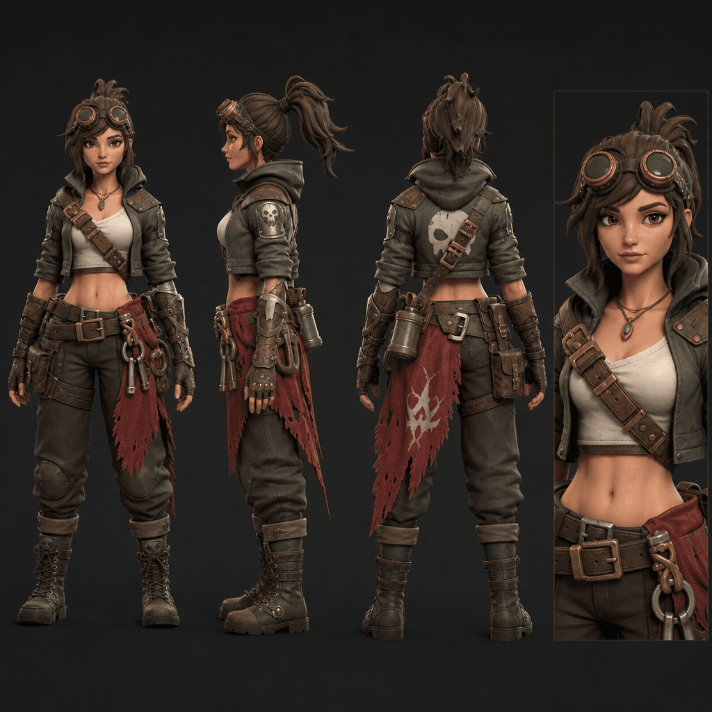 A 360-degree turnaround view of a 3D character in sequential frames (3–4 angles): front, side, back, detail view. Shows