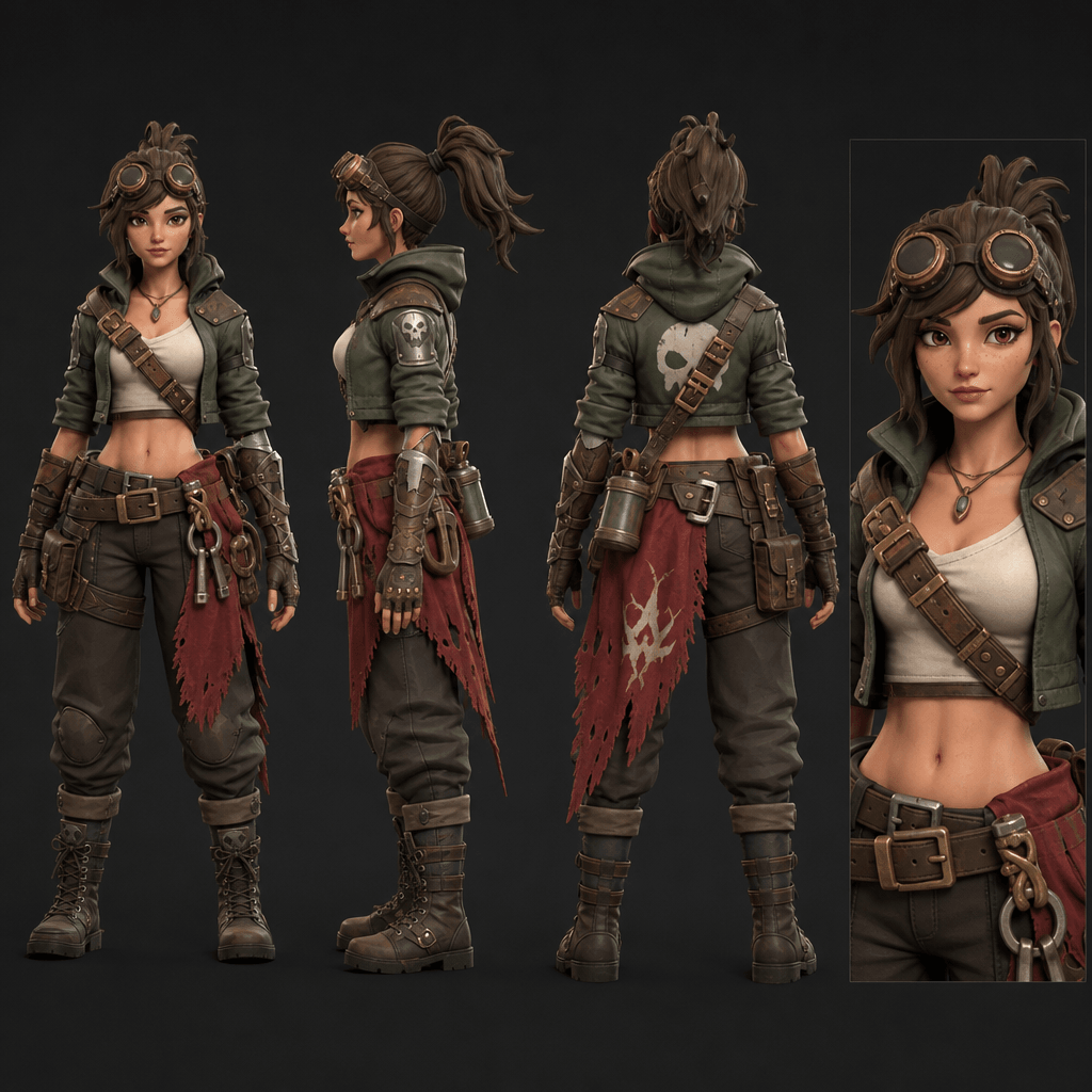 A 360-degree turnaround view of a 3D character in sequential frames (3–4 angles): front, side, back, detail view. Shows
