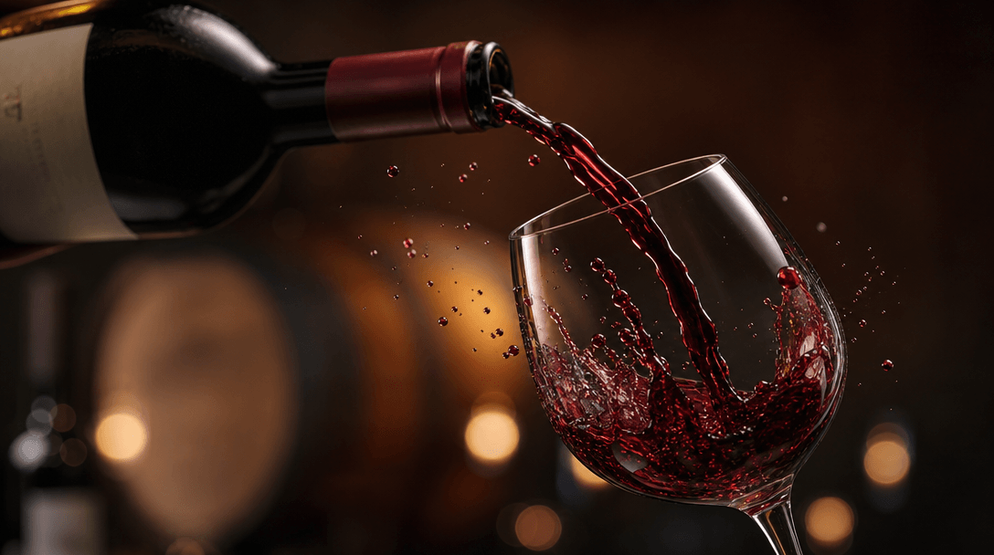 Sophisticated wine pouring into crystal glassware, motion effect, cinematic flow, premium lighting, professional present