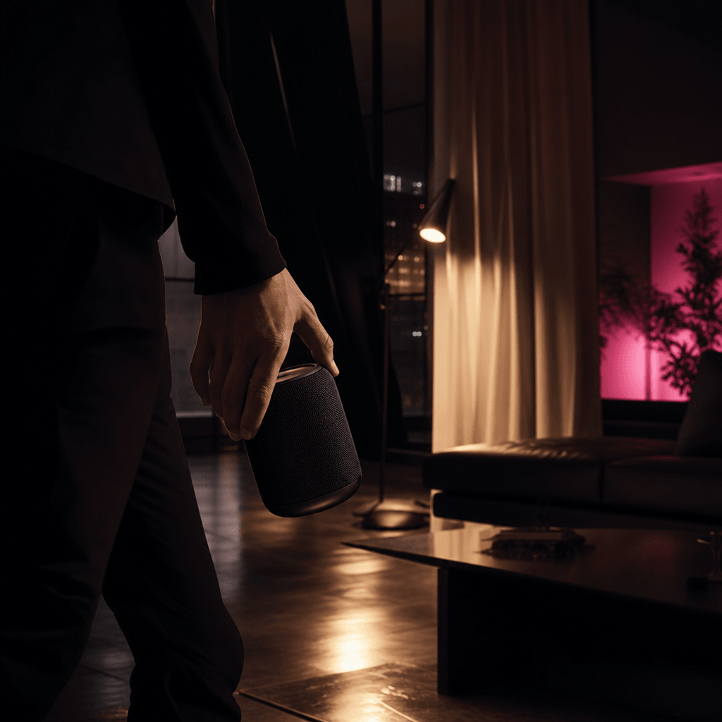 A small wireless speaker presented during a walk through a moody contemporary apartment, anonymous hand and partial silh