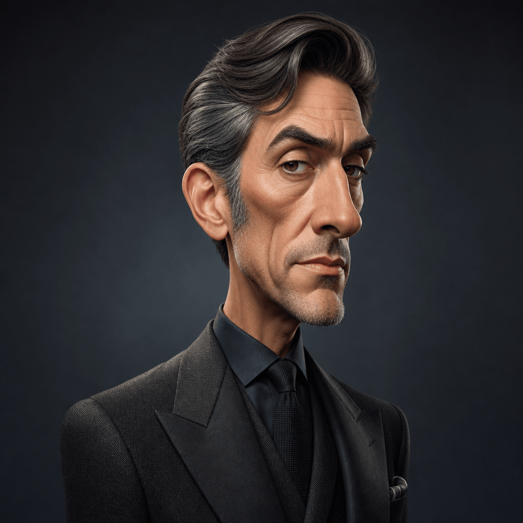 Elegant, subtle 3D caricature with refined exaggeration. Professional color grading, cool-toned lighting, minimalist dar