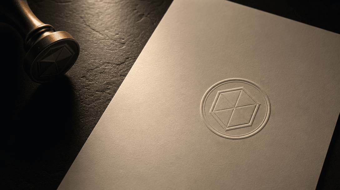 Elegant still life: a sheet of premium matte paper with an embossed geometric seal resting on a dark slate surface, warm