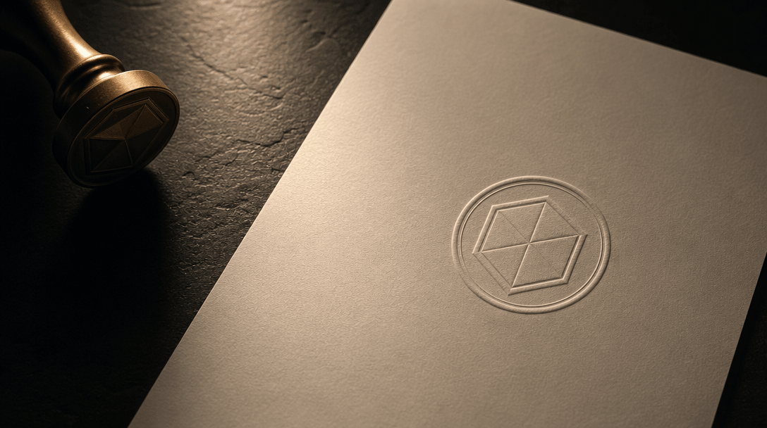 Elegant still life: a sheet of premium matte paper with an embossed geometric seal resting on a dark slate surface, warm