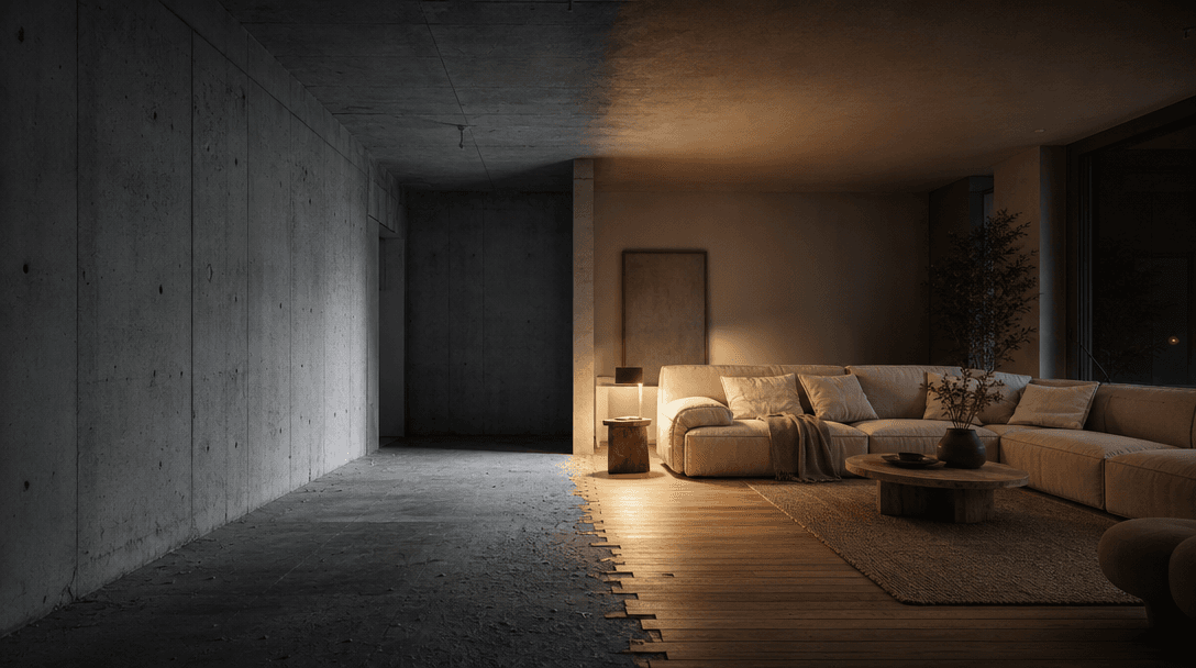 Abstract editorial photograph of a room corner in mid-transformation: one half bare concrete walls and raw unfinished fl