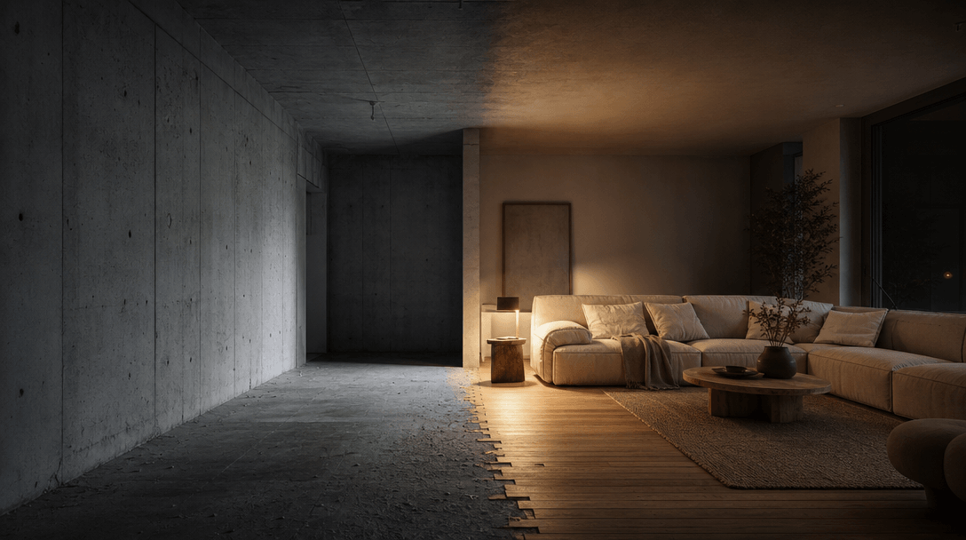 Abstract editorial photograph of a room corner in mid-transformation: one half bare concrete walls and raw unfinished fl