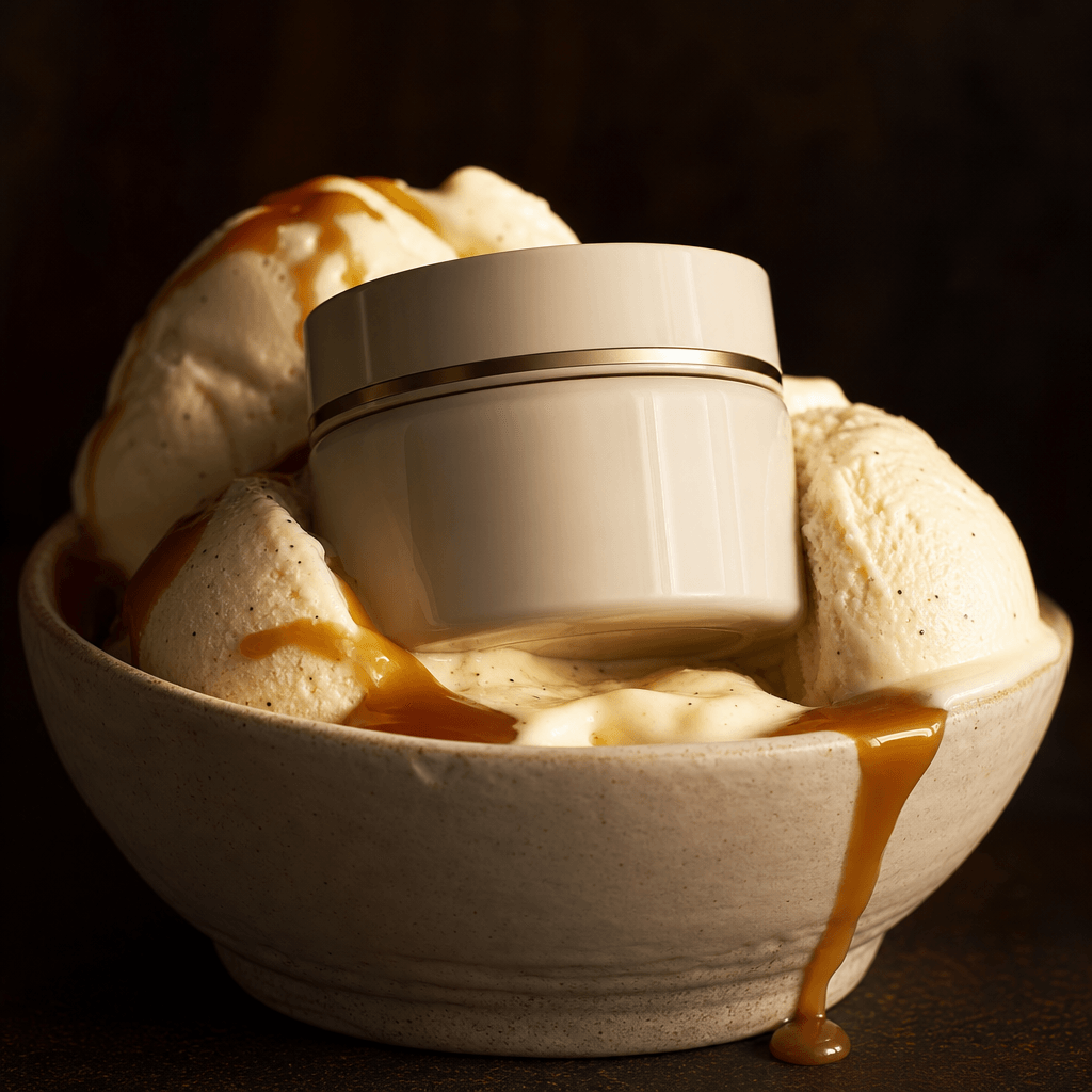 A minimalist skincare jar nestled in a smooth scoop of vanilla ice cream with caramel cascading over the bowl edge, dark