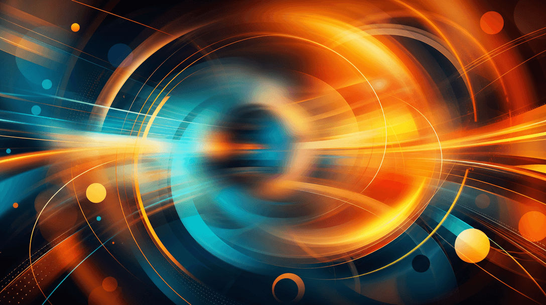 Kinetic abstract composition with smooth circles and arcs in motion. Mid-frame blur effect, warm glowing edges, dynamic