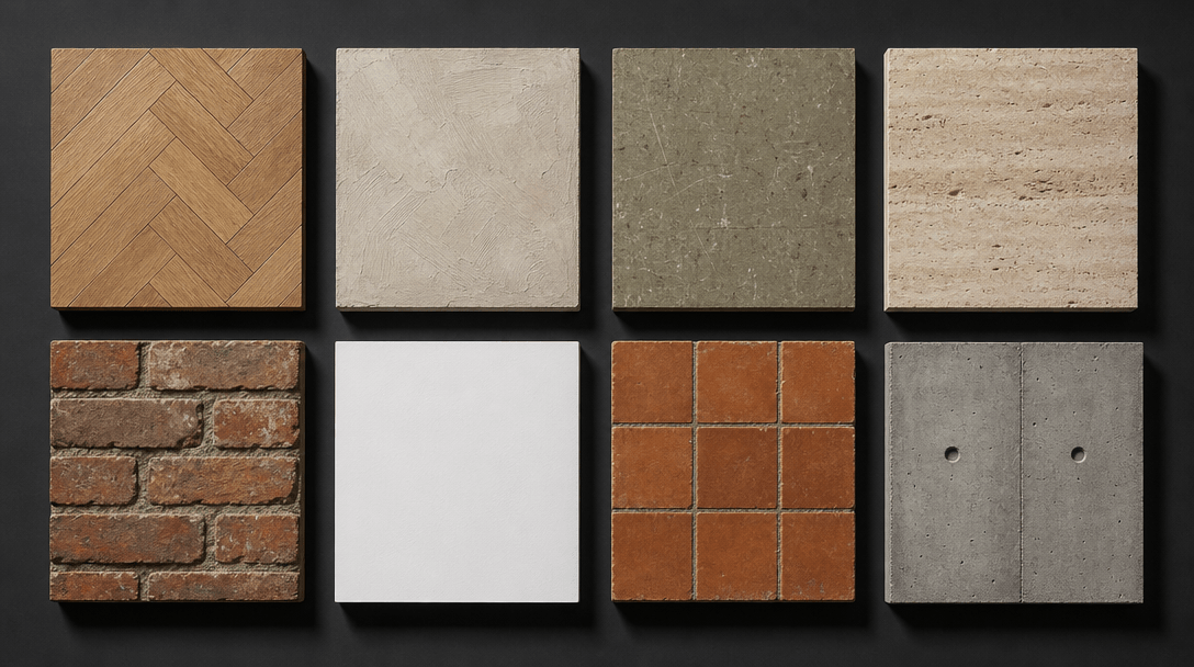Studio grid of interior surface material swatches — herringbone oak, brushed plaster, worn linoleum, travertine, aged br
