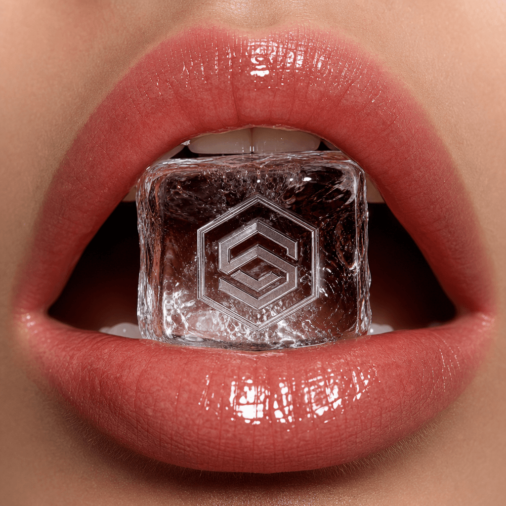 Close-up of lips holding an ice cube with a geometric tech logo frozen inside, crystal clear ice with light refractions,