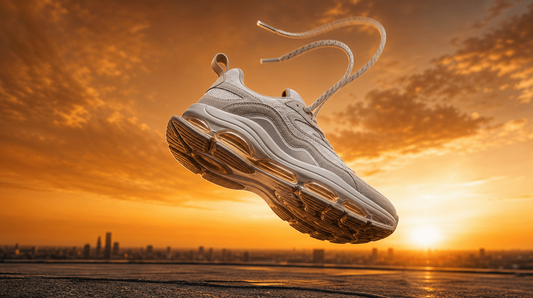 Product integration hero: a premium sneaker photographed mid-air above a rooftop against a molten golden-hour sky, drama