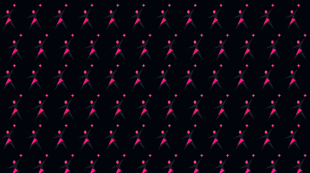 Minimalist geometric pattern showing template concept, repeated tiny figure motifs in a grid, hot pink accent details on