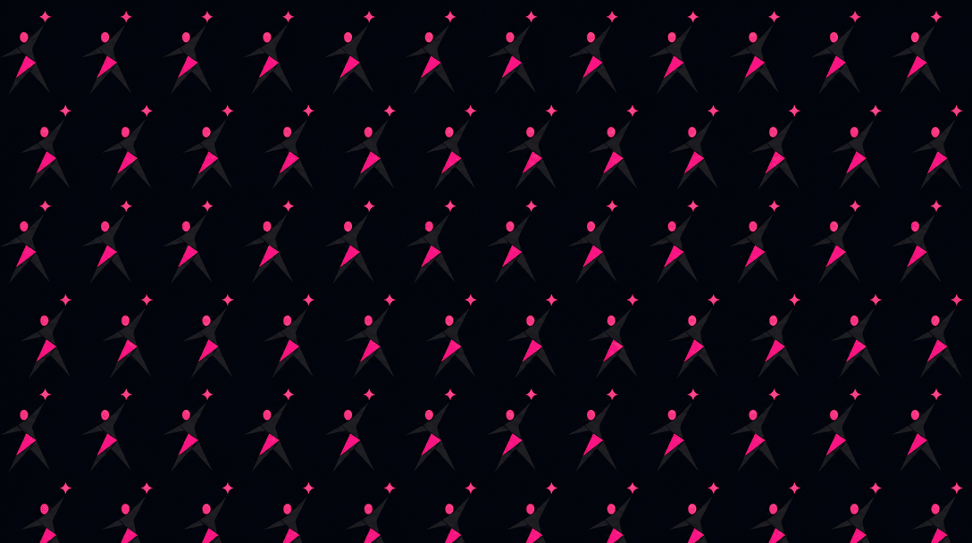 Minimalist geometric pattern showing template concept, repeated tiny figure motifs in a grid, hot pink accent details on