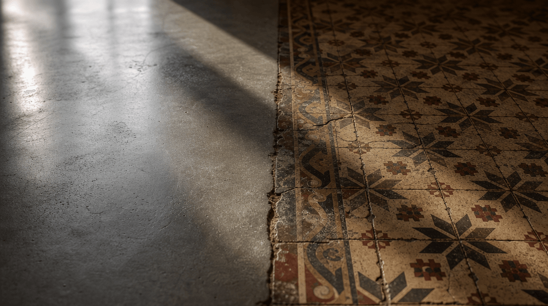 Cinematic floor-level detail shot: left half shows polished poured concrete, right half reveals worn Victorian encaustic
