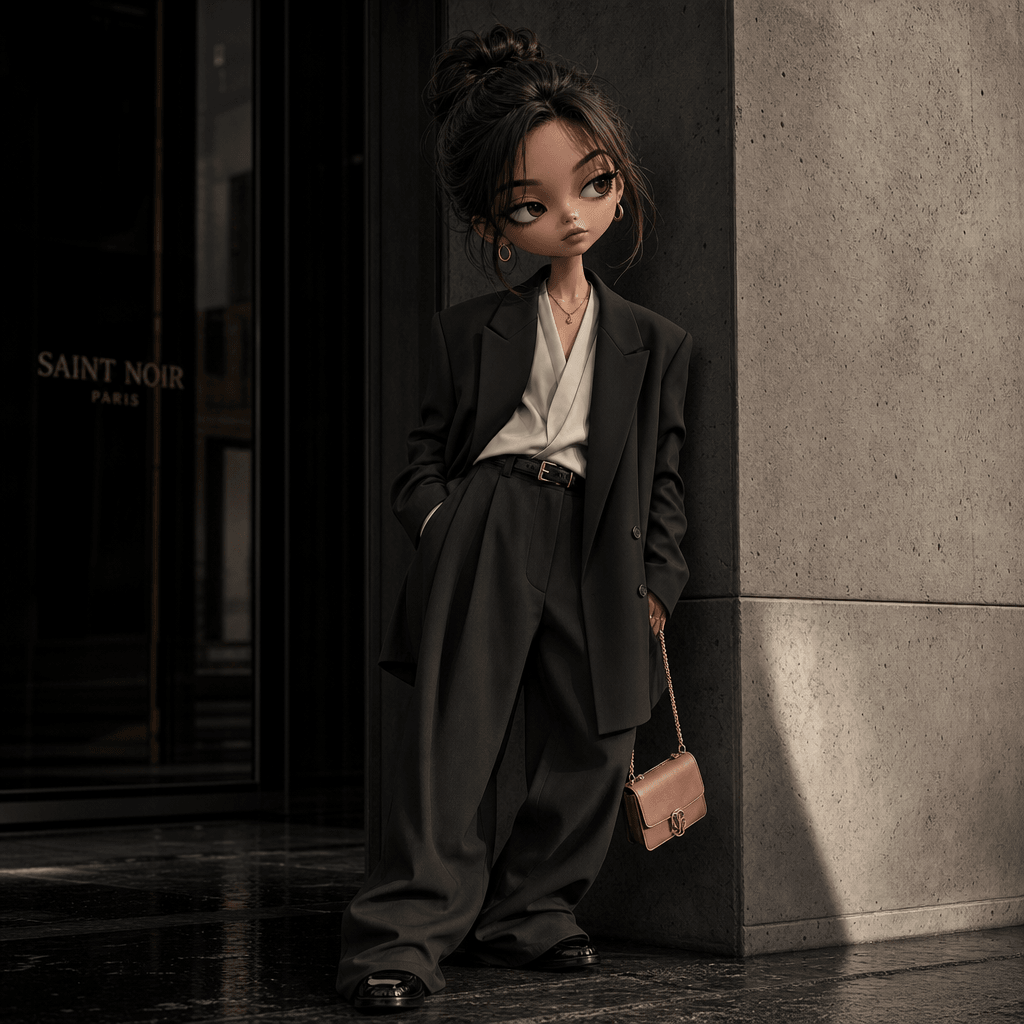 Big-head fashion character in an oversized tailored blazer, wide trousers, polished shoes, and minimal jewelry, posed be