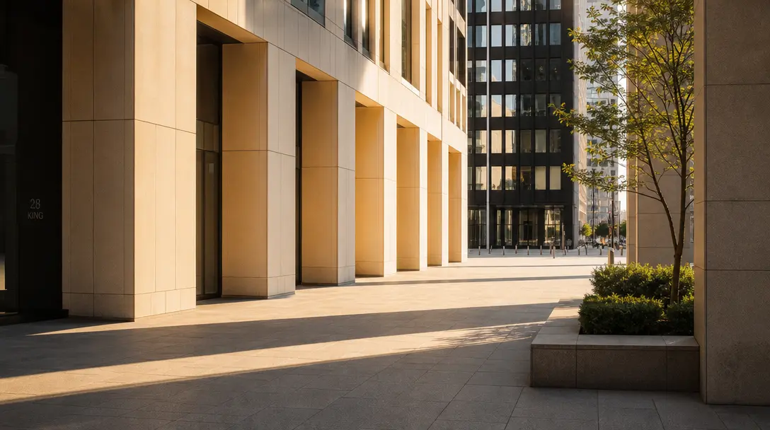 Urban architecture and natural light: geometric shadows from tall buildings across clean city plaza, soft golden hour li