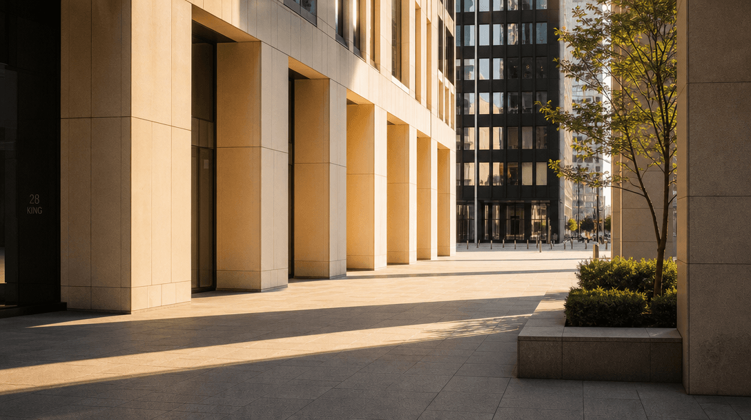 Urban architecture and natural light: geometric shadows from tall buildings across clean city plaza, soft golden hour li