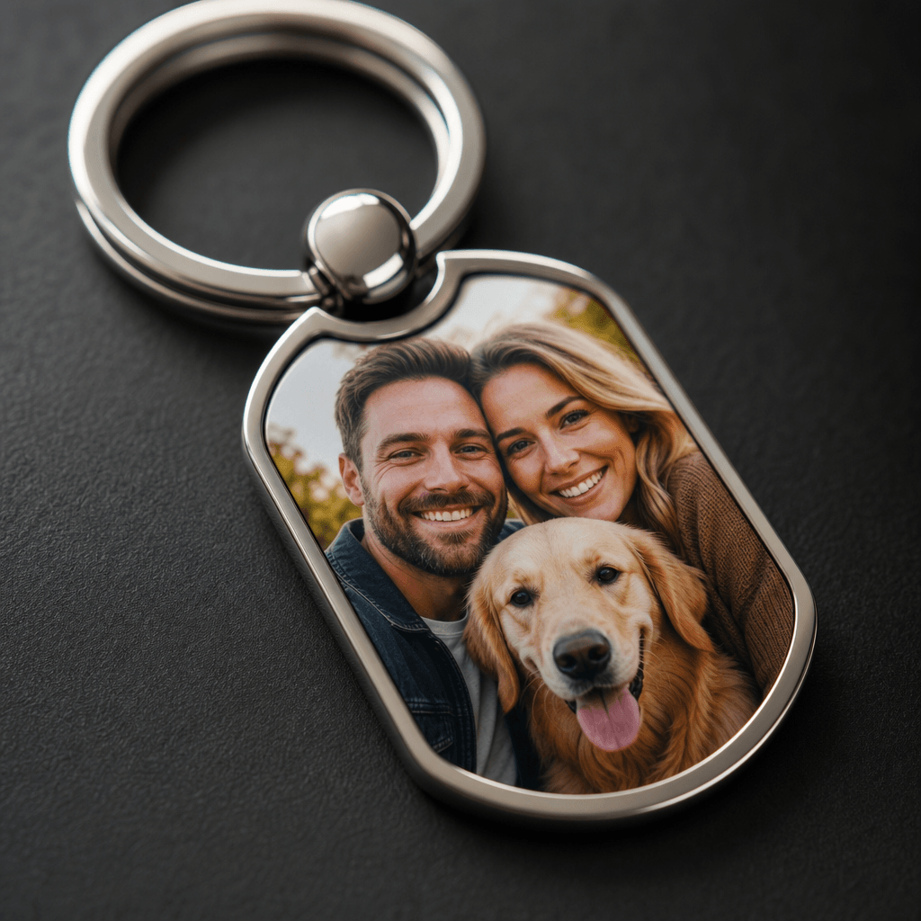 Close-up of a custom keychain showing fine details: the photo transfer quality, color accuracy, and dimensional depth. M