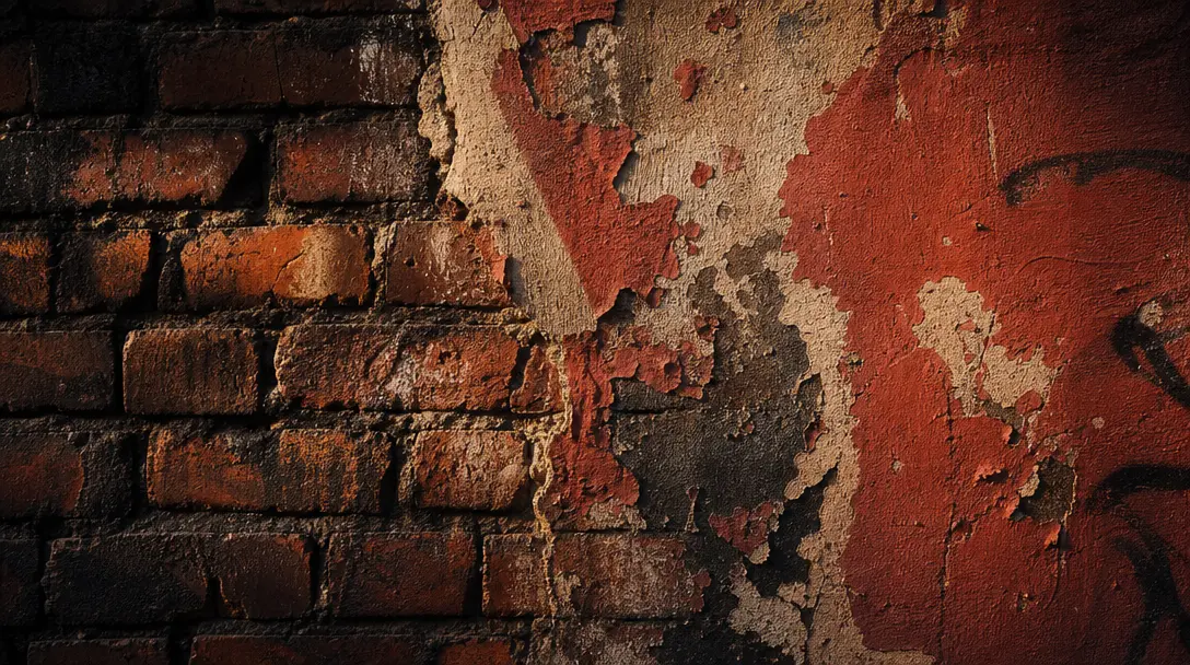 Textured urban abstract: close-up of aged brick wall with weathered paint, dramatic sidelight creating texture and shado