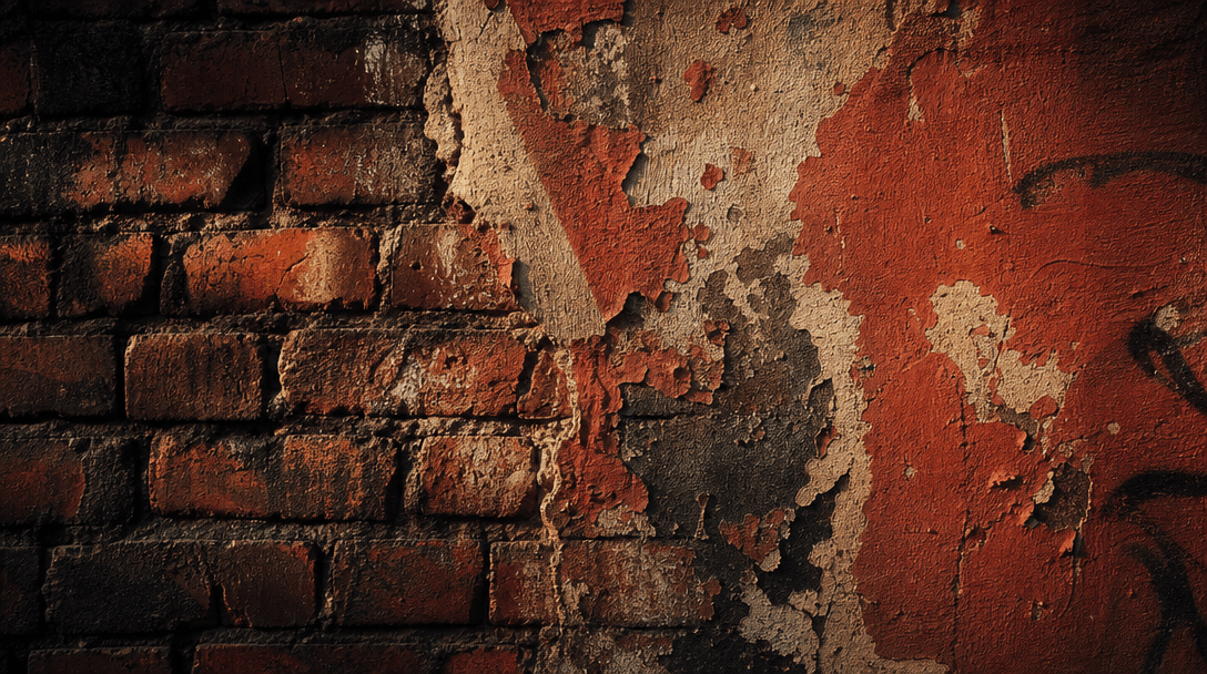 Textured urban abstract: close-up of aged brick wall with weathered paint, dramatic sidelight creating texture and shado