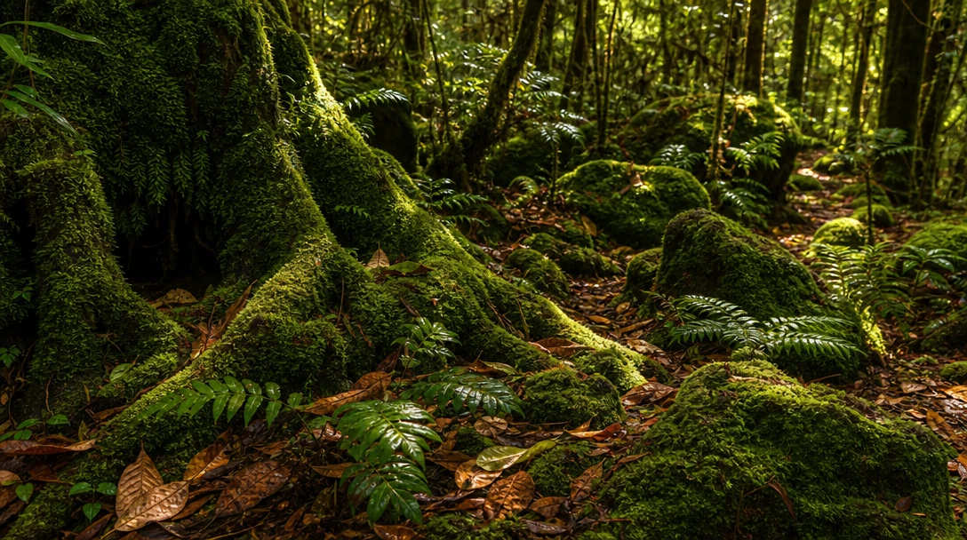 Dense lush forest floor covered in vibrant moss, ferns, and fallen leaves, natural dappled sunlight filtering through ca