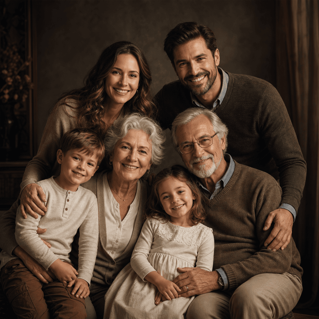 Family portrait featuring three generations. Children, parents, and grandparents arranged harmoniously. Warm theatrical