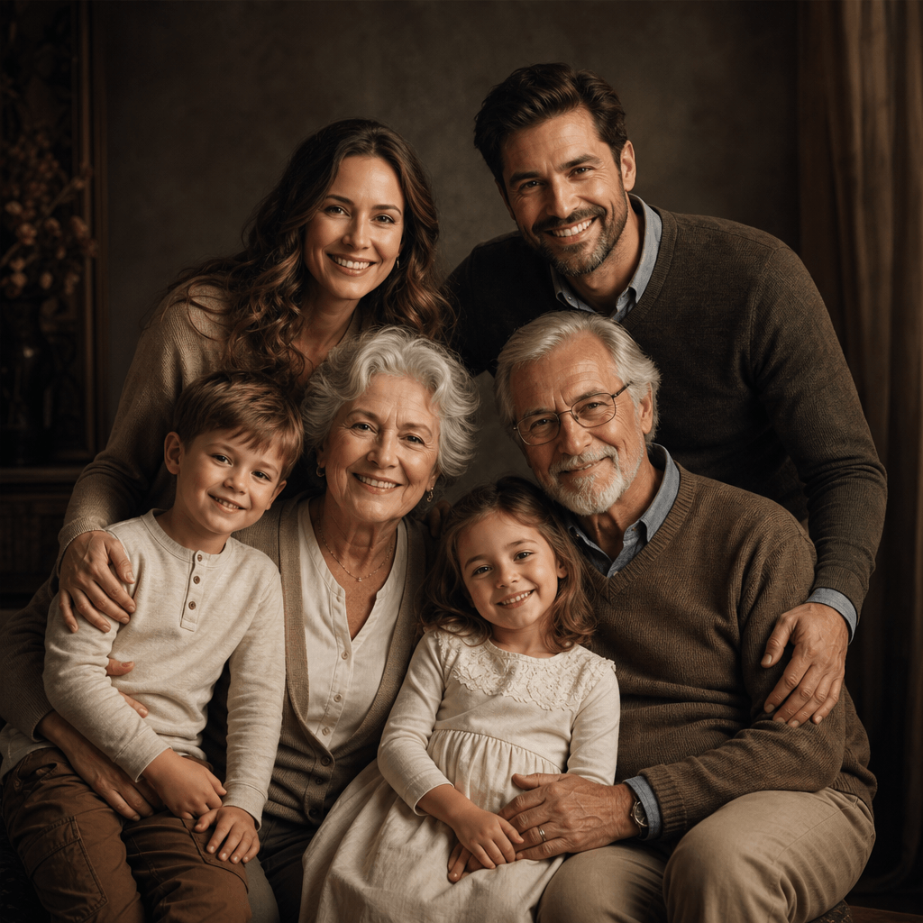 Family portrait featuring three generations. Children, parents, and grandparents arranged harmoniously. Warm theatrical
