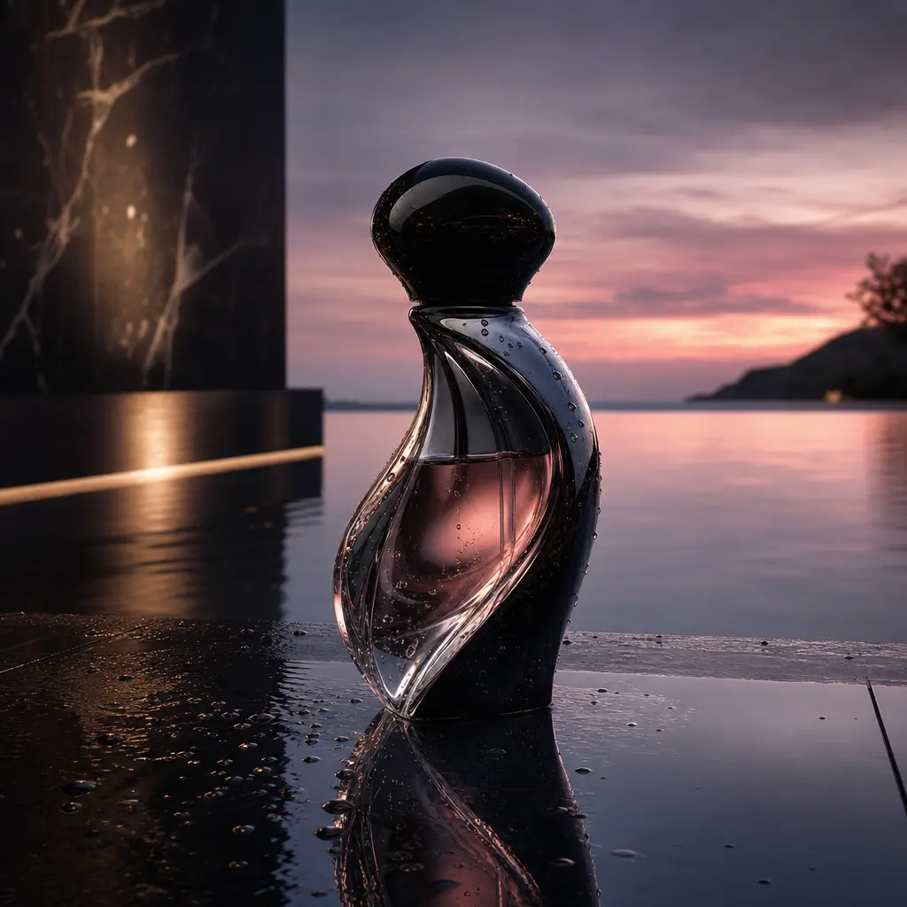 A sculptural perfume bottle on wet black tile beside a mirror-still pool at dusk, cinematic studio lighting blended with