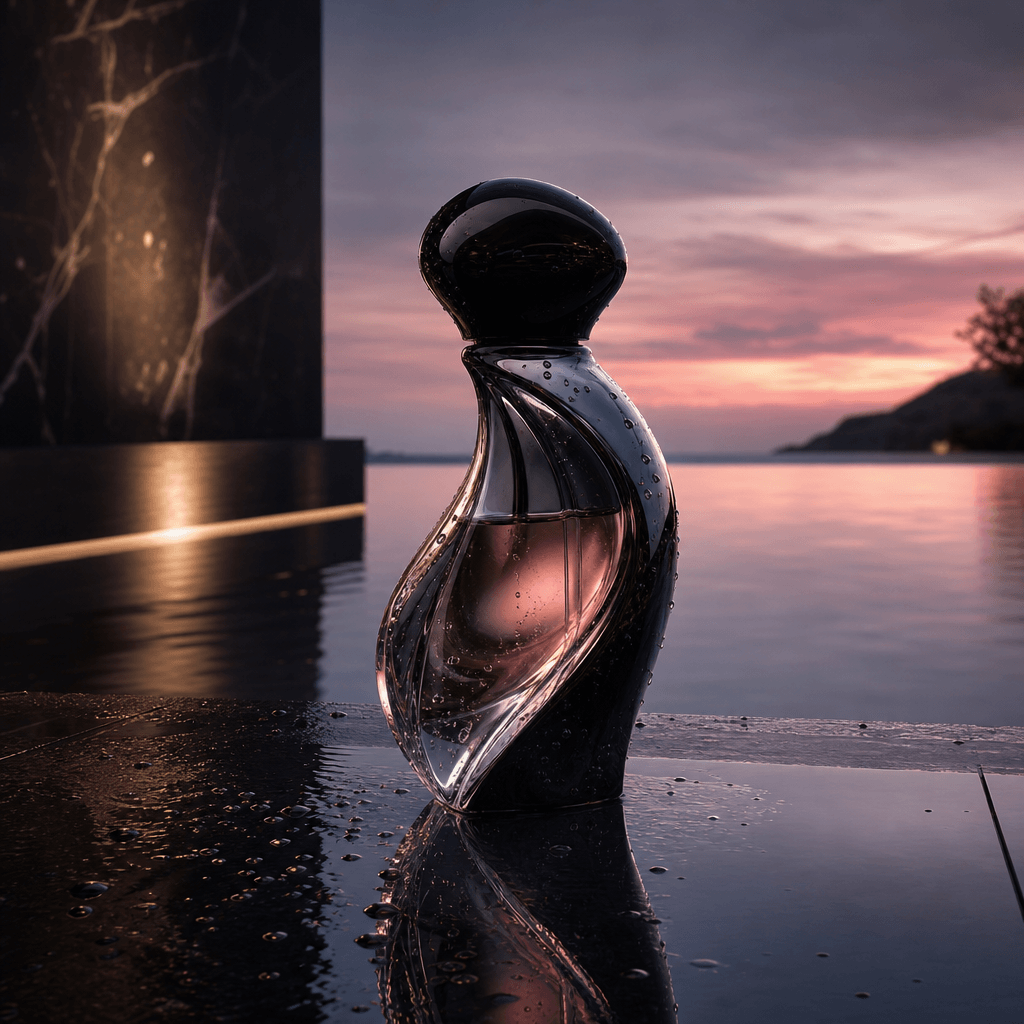 A sculptural perfume bottle on wet black tile beside a mirror-still pool at dusk, cinematic studio lighting blended with