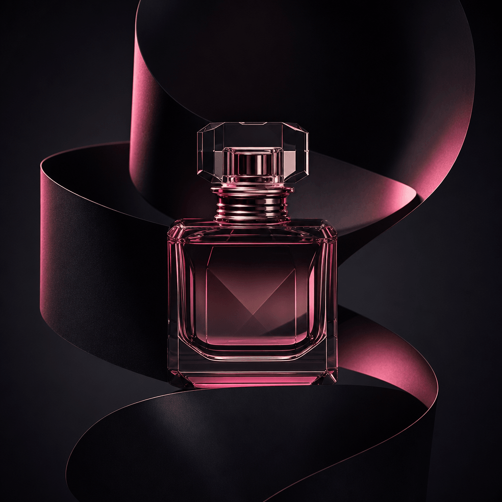 A luxury perfume bottle centered on a curling ribbon of matte black paper, the roll forming a dynamic spiral around the