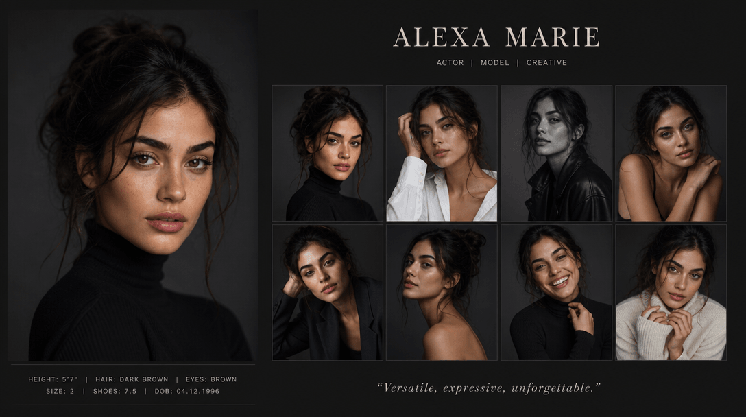 Portfolio-ready portrait collection, multiple poses showing range, professional presentation, portfolio layout visualiza