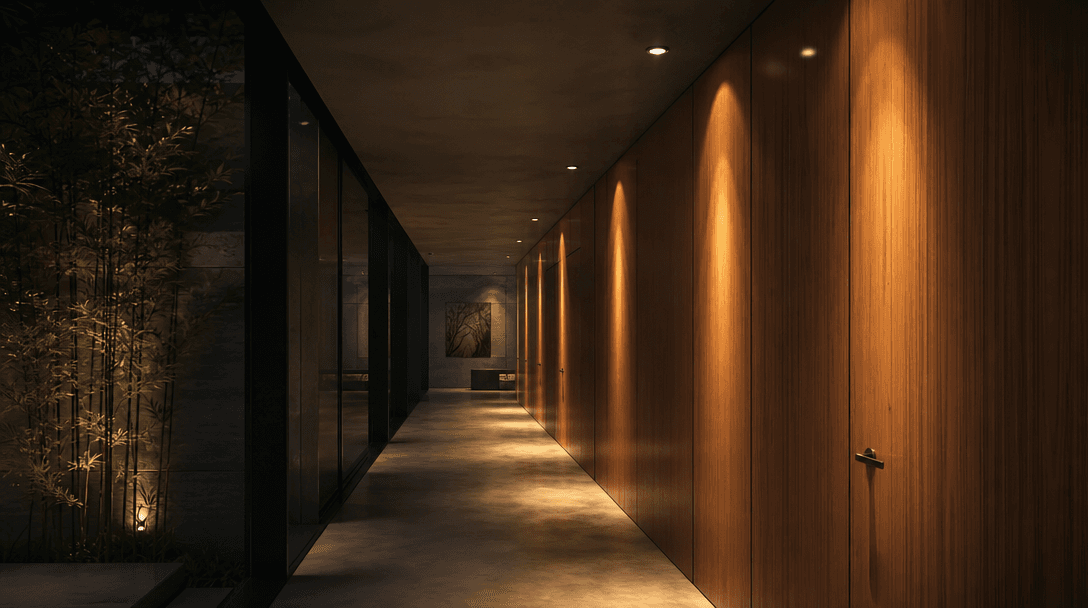 Photorealistic CGI render of a modern architectural interior corridor in evening lighting scenario. Recessed ceiling spo