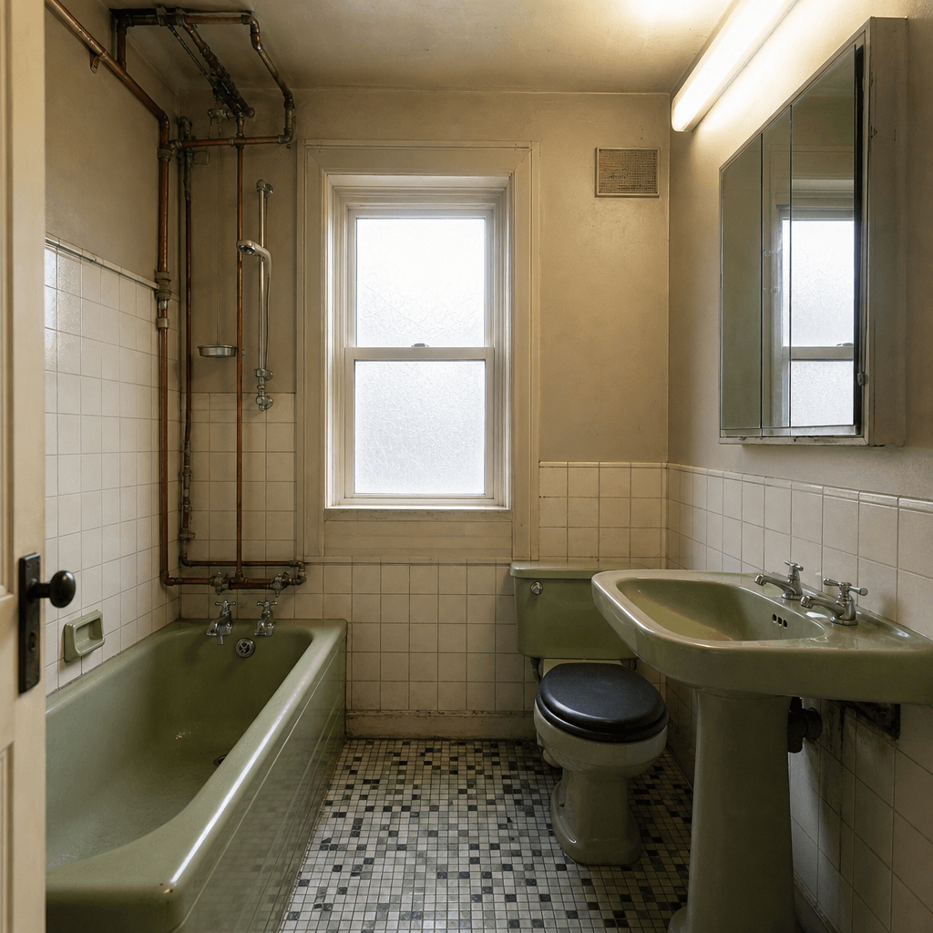 AI-generated pre-renovation bathroom — vintage avocado-green suite, original grout-heavy mosaic floor tiles, aging mirro